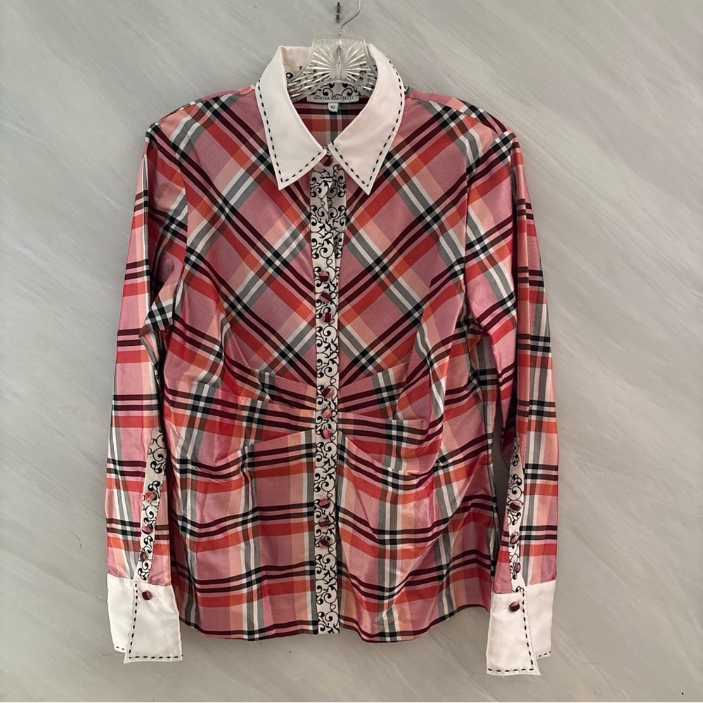 Marisa Baratelli 10 White/Pink/Black Plaid Lg. Sleeve Thai Silk Blouse Old Money